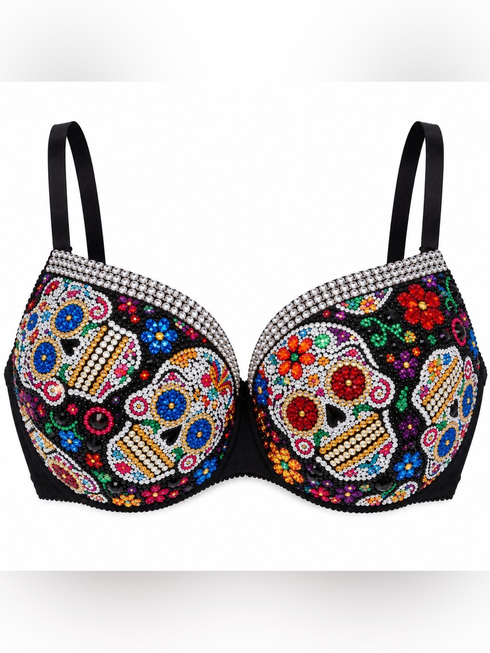 32A Sugar Skull Day Of The Dead Mixed Design Rhinestone Glam Bling Bra Top